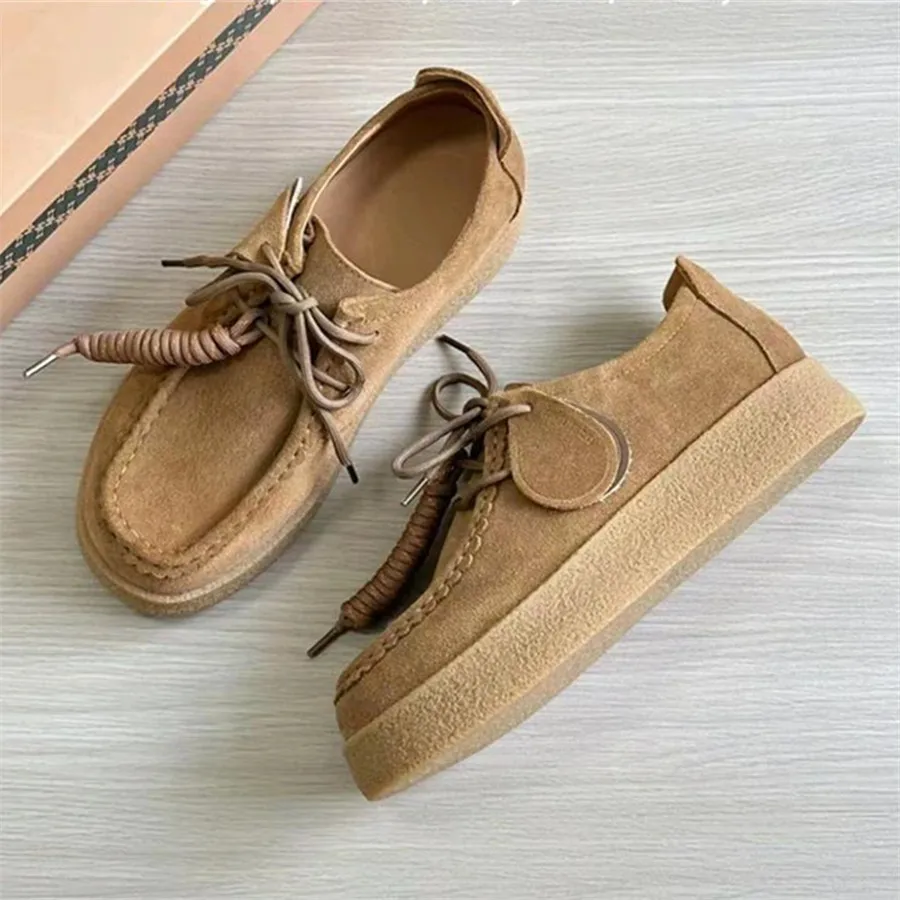

2025 New Women Nubuck Casual Flats Single Shoes Ladies Thick Sole Walking Sneakers Lace-up Flat Shoes Woman Outside Espadrilles
