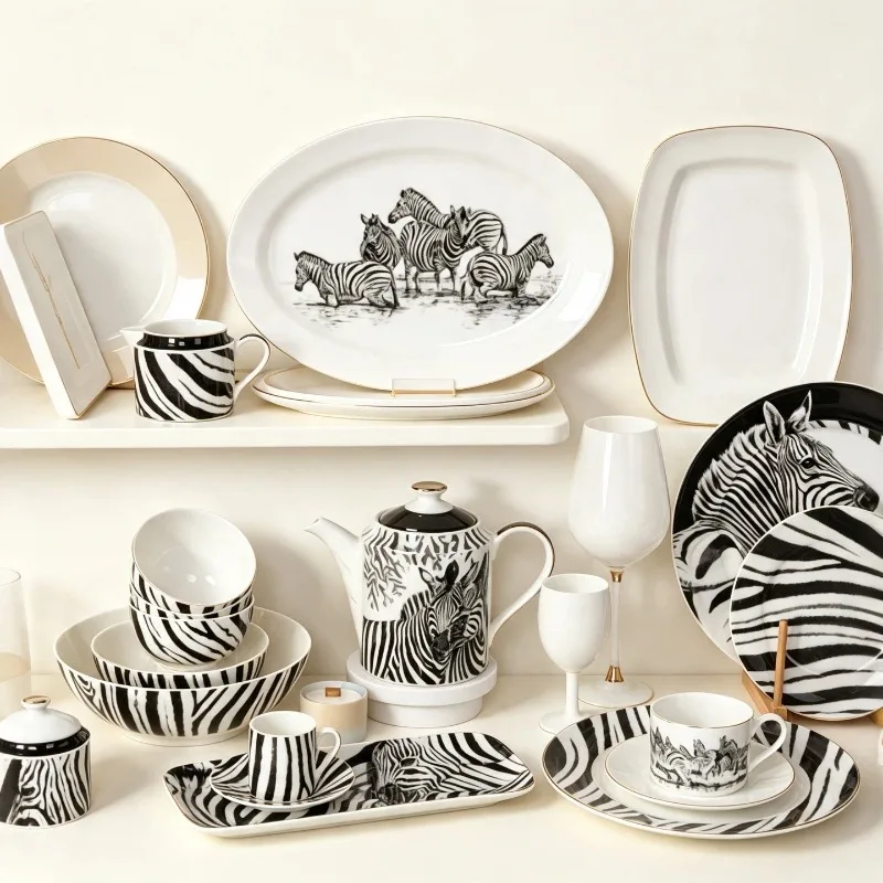 Black White Zebra Print Ceramic Tableware Set,Wild Animal Dinner Plate Bowl Mug Teapot Coffee Cup,Home Kitchen Dining Decor Gift