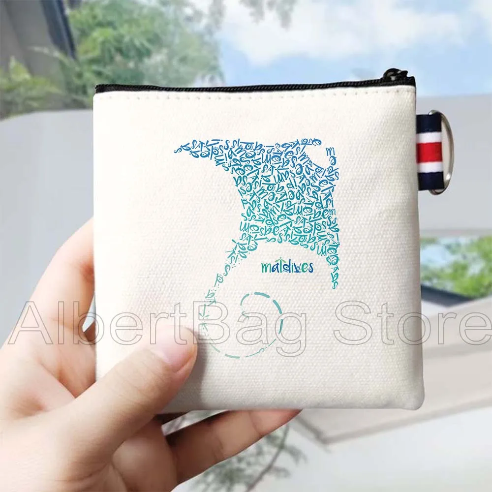 Summer Beach Holiday Maldives Maldivian Flag Map Gifts Canvas Coin Purse Bag Small Square Wallet Key Storage Card Bag Zip Pouch
