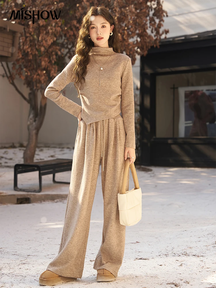 MISHOW Casual 2 Piece Sets Pant Women Outfit 2024 Autumn Winter Mock Neck Knit T Shirt Top Baggy Wide Leg Pants Set MXD11T0187