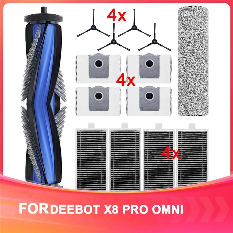 Complete 14Pcs Accesories Kit For ECOVACS DEBOT X8 PRO Omni Robot Vacuum.Brush Roller Mop, Side Brushes, Filters Dust Bags-AT36