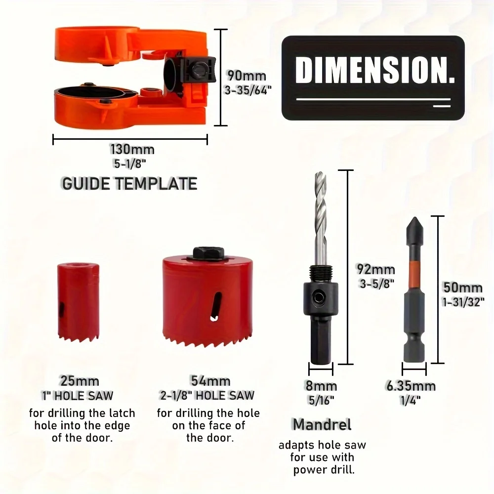 Zestaw do montażu zamka drzwi drewnianych z szablonem prowadzącym, otwornica zamka drzwi 2-1/8" - 1" z 2-częściowym wkrętakem sześciokątnym, węgiel