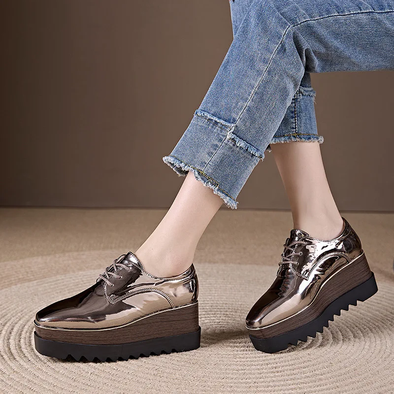 Shoes Woman 2025 Square Toe Oxfords Female Footwear Patent Leather Ballet Flats British Style Clogs Platform New Cross Dress Sum