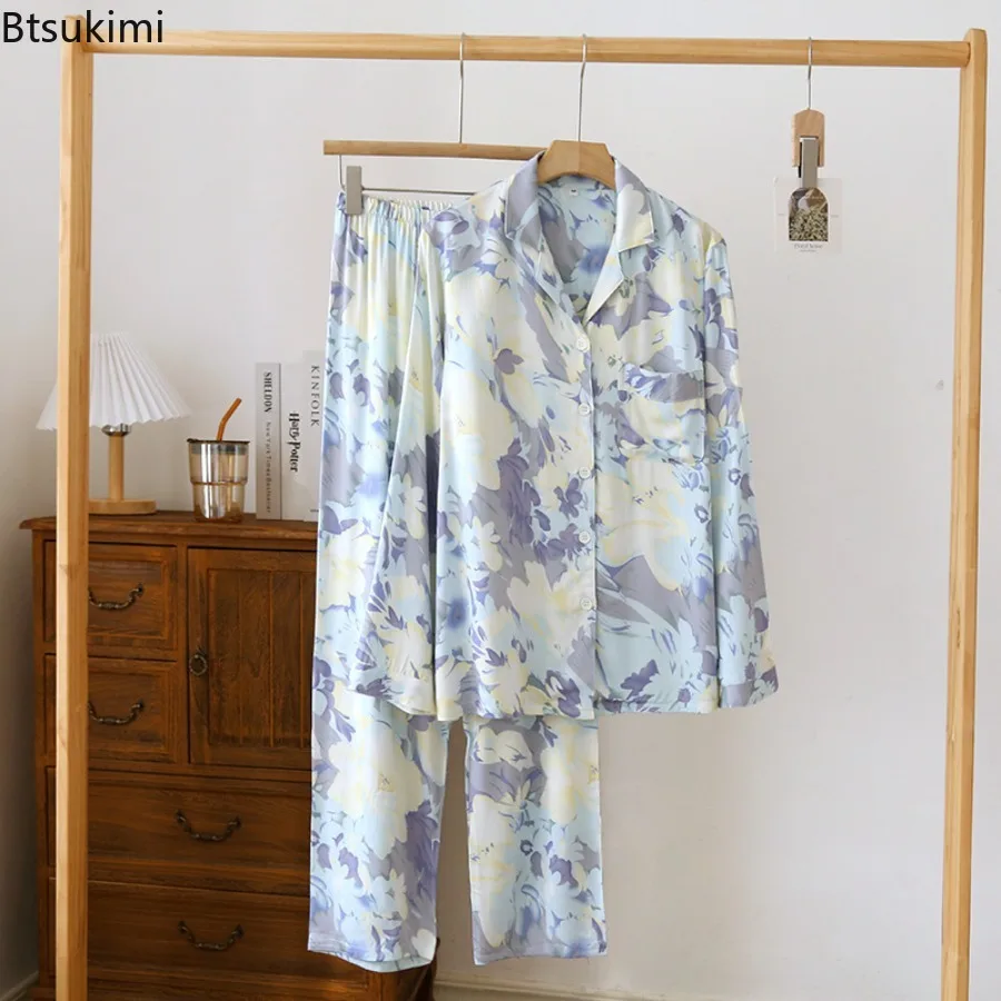 2025 Summer Women's Long Sleeve Pants Floral Pajama Sets Print Sleepwear Flexible Waist Casual Comfortable Nightwear for Women