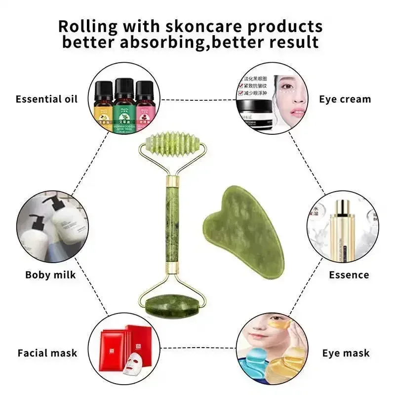 Jade Roller and Gua Sha set Spa Grade Face Massager 100% Authentic Stone Reduces Puffiness Wrinkles Reveals Face Skin Care Tools