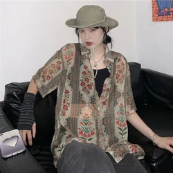 MEXZT Vintage Floral Sheer Shirts Women Harajuku Oversized Short Sleeve Blouses Summer Y2K 2000s Streetwear Print Loose Tops New