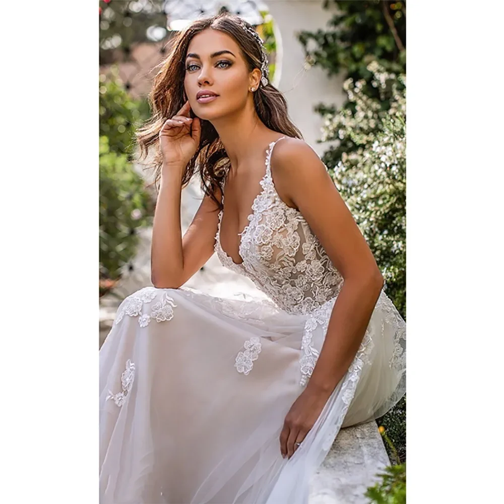 Vestido de novia con espalda descubierta, camisola italiana de flores 3D, hermosa línea a Bohemia, Princesa, novia, Playa romántica