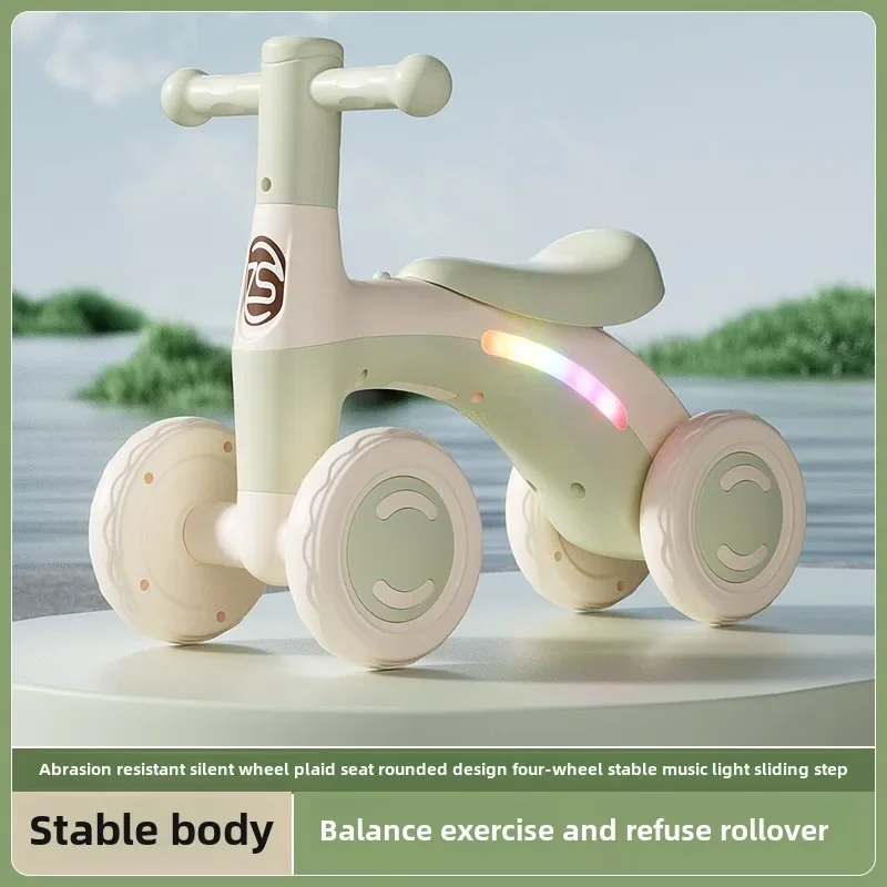 Anti-Tip Baby Balance Bike Ages 1-3 4-Wheel Silent Glider Walker Toy Toddler Training Ride-On with Safety Wheels Indoor Outdoor