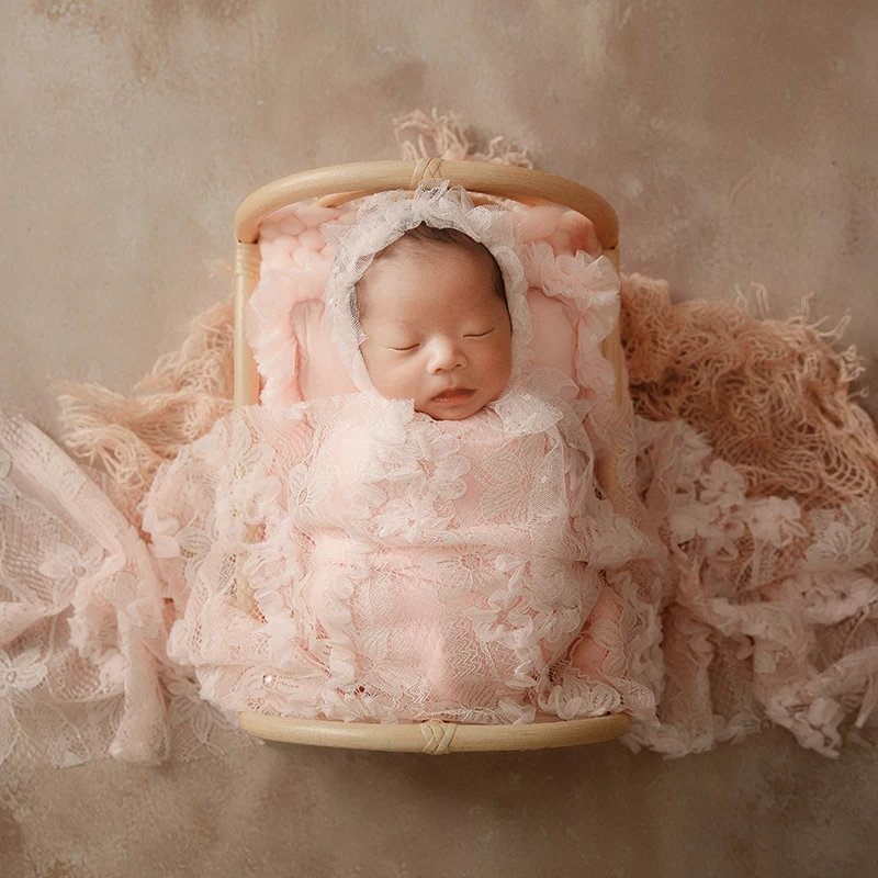 Newborn Photography Props Baby Girl Photo Elastic Wrap Swaddle Blanket Knitted Doll Hat Infant Studio Photoshoot Accessories