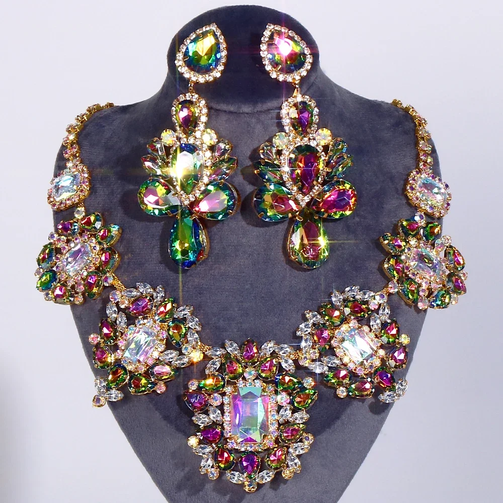 Stonefans Drop Rhinestone Necklace Earrings Set for Women 2023 Wedding Party Accessories Drag Queen Exaggerated Jewelry Set Gift