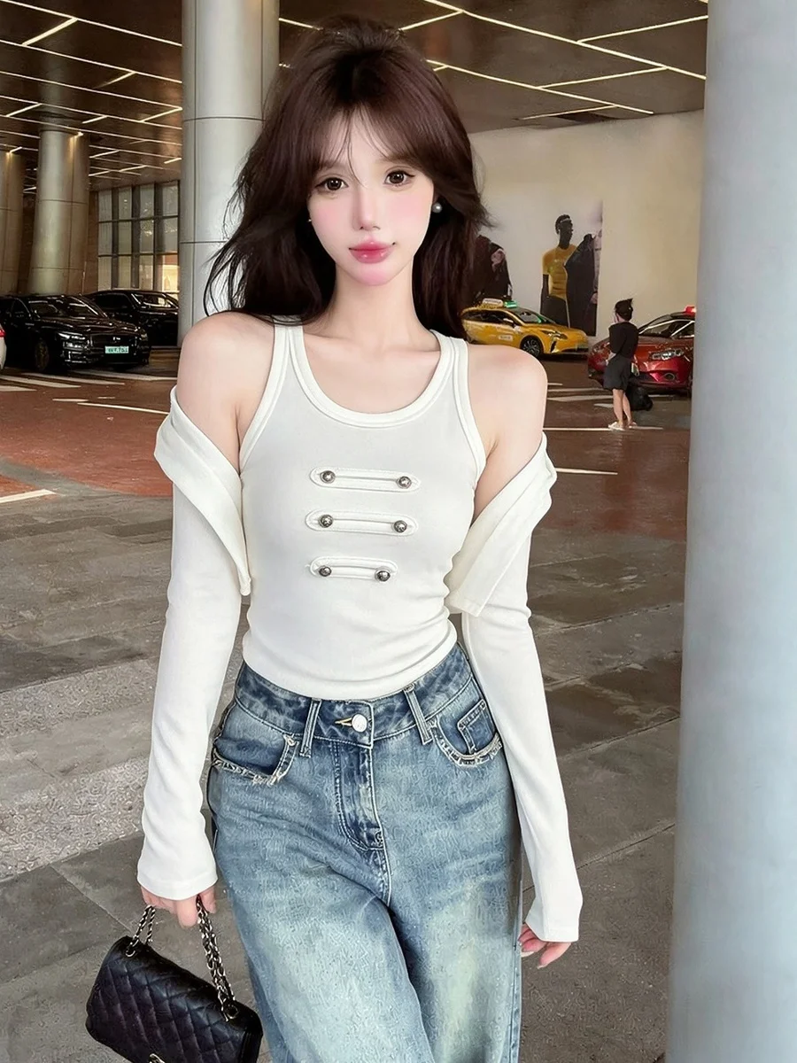 Slim Fit Korean Style Vest Top Long Sleeve Double Button Short Cardigan Shoulder Shawl Set for Women Straight Body Type