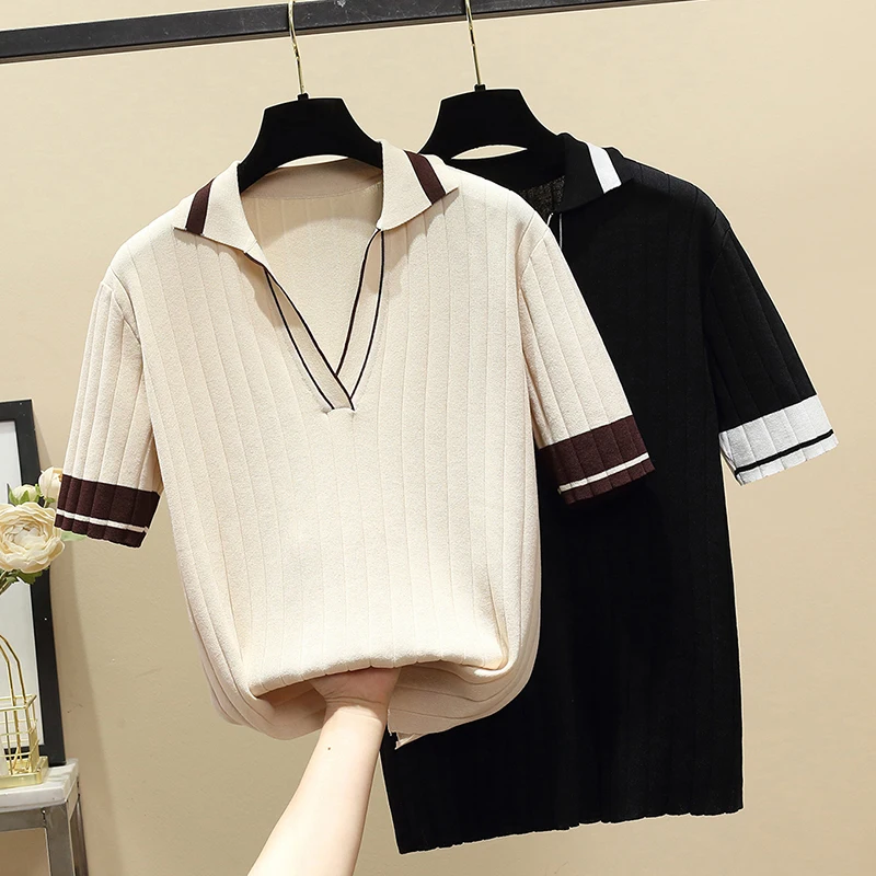 Summer Knitted Sweater Tshirt Women Casual Fashion Basic Split Tees Tops Short Sleeve Polo Collar Ladies Knitwear Jumpers