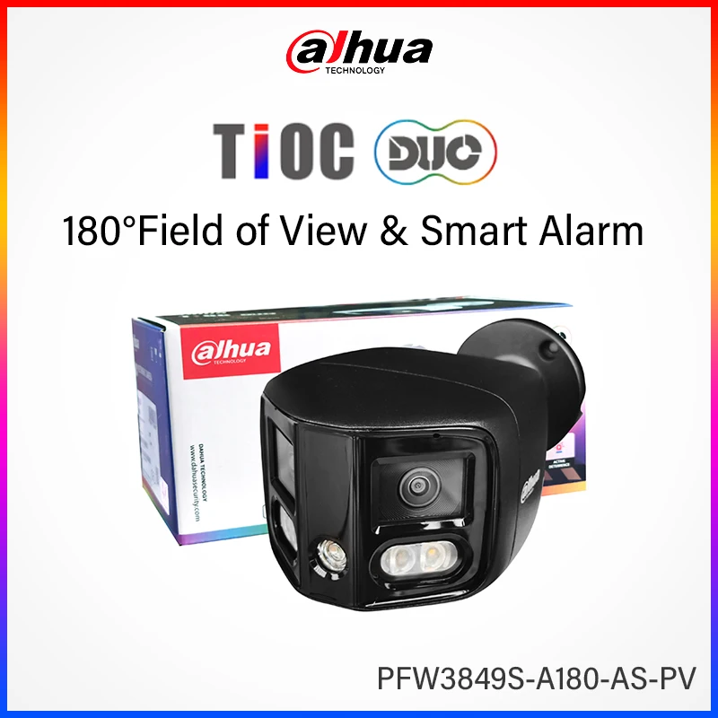 

Dahua 4K 180 ° Двухобъективная камера с интеллектуальной защитой, красно-синими сигнальными огнями, звуковой сигнализацией и широкоугольным объективом TIOC PFW3849S-A180-AS-PV