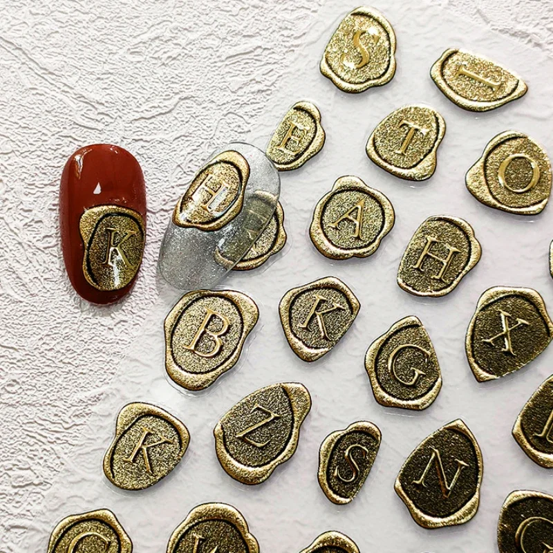 Retro Stamp Bronze-gold Letter Wax Seal 5D Embossed Reliefs Self Adhesive Nail Art Sticker Colorful Laser Silver Manicure Decals