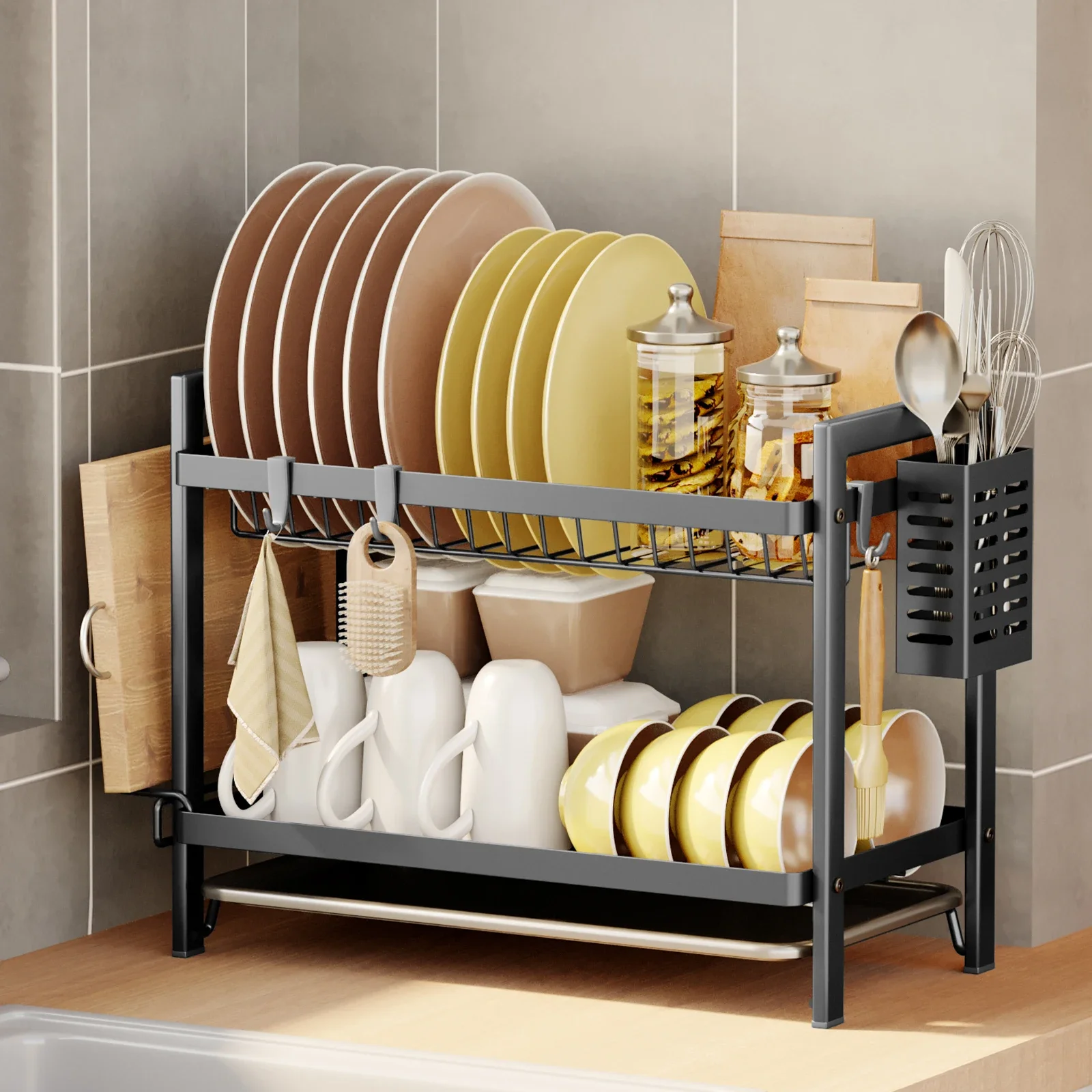 

Dish Drying Rack for Kitchen Counter Dish Organizer 2-Tier Dish Organizer Cutlery Storage Rack with Drain Tray Anti-rust