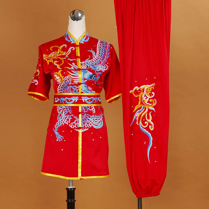 High-end Embroidered Martial Arts Wushu Uniform Changquan Routine Competition Suit Dragon Flying Short Sleeve Red Custom Unisex