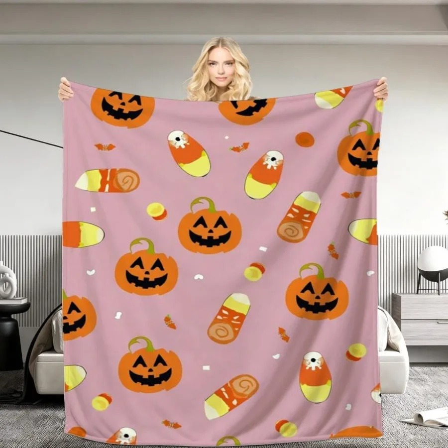 Cute Halloween Jack‑o‑lantern Sweet Print Throw Blanket Playful Tiny Bat Decor Pattern Soft Warm Sofa Bed Blanket All Season
