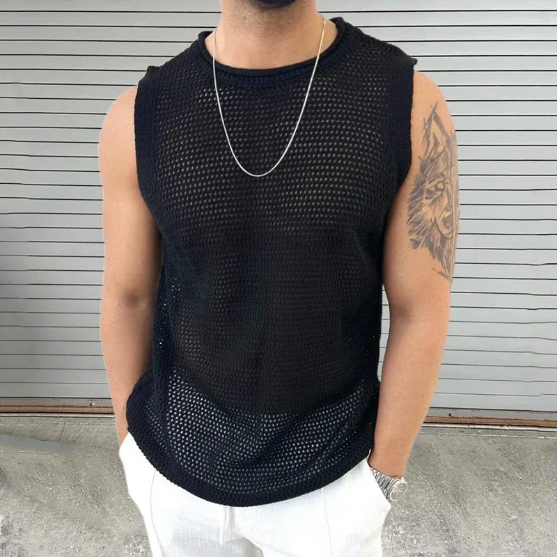 

Knitwear Mens Casual Tank Tops Pure Color Hollow Out Vintage Men Knit Camisole Sleeveless O Neck Leisure T Shirt Male Streetwear