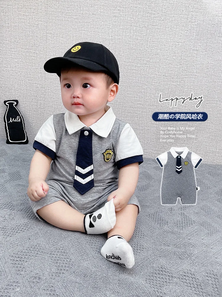 Cotton Newborn Baby Boy Short Sleeve Jumpsuit Romper Overall Handsome Gentleman Clothes 0-12 Months baby costume  ropa de bebe