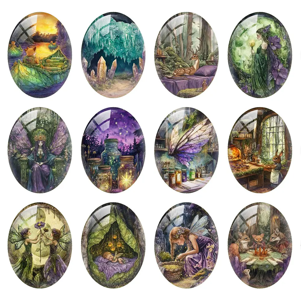Random Mixed Round/Oval/Square Enchanted Forest Fairy Fantasy Photo Glass Cabochon Flatback Demo Cameo For Diy Jewelry Making