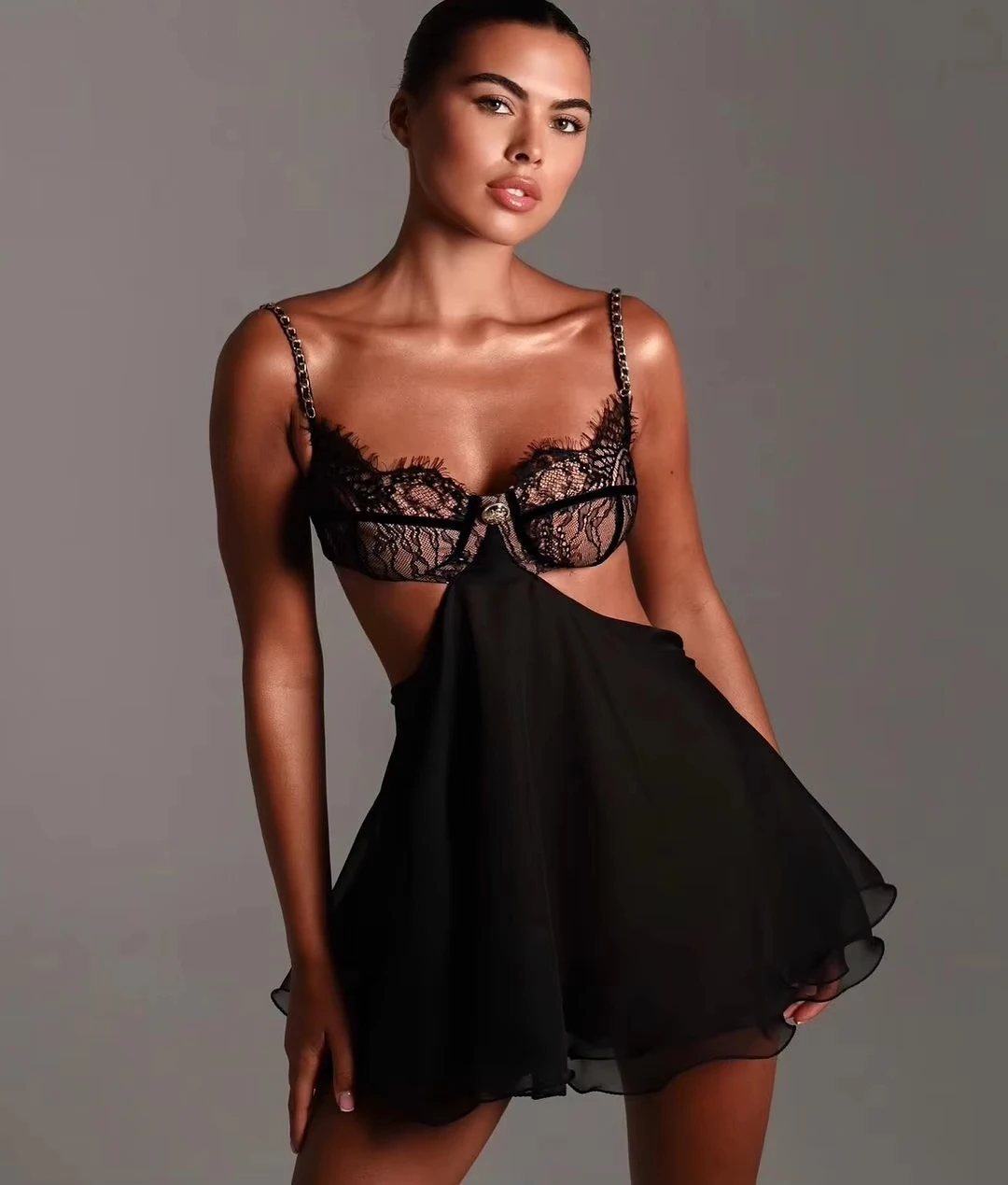 

Sexy Adult Female Dress Chain Shoulder Straps Backless Set Fancy Cut Out on Sides Bra Hilitos Women Tutu Organza Outfit