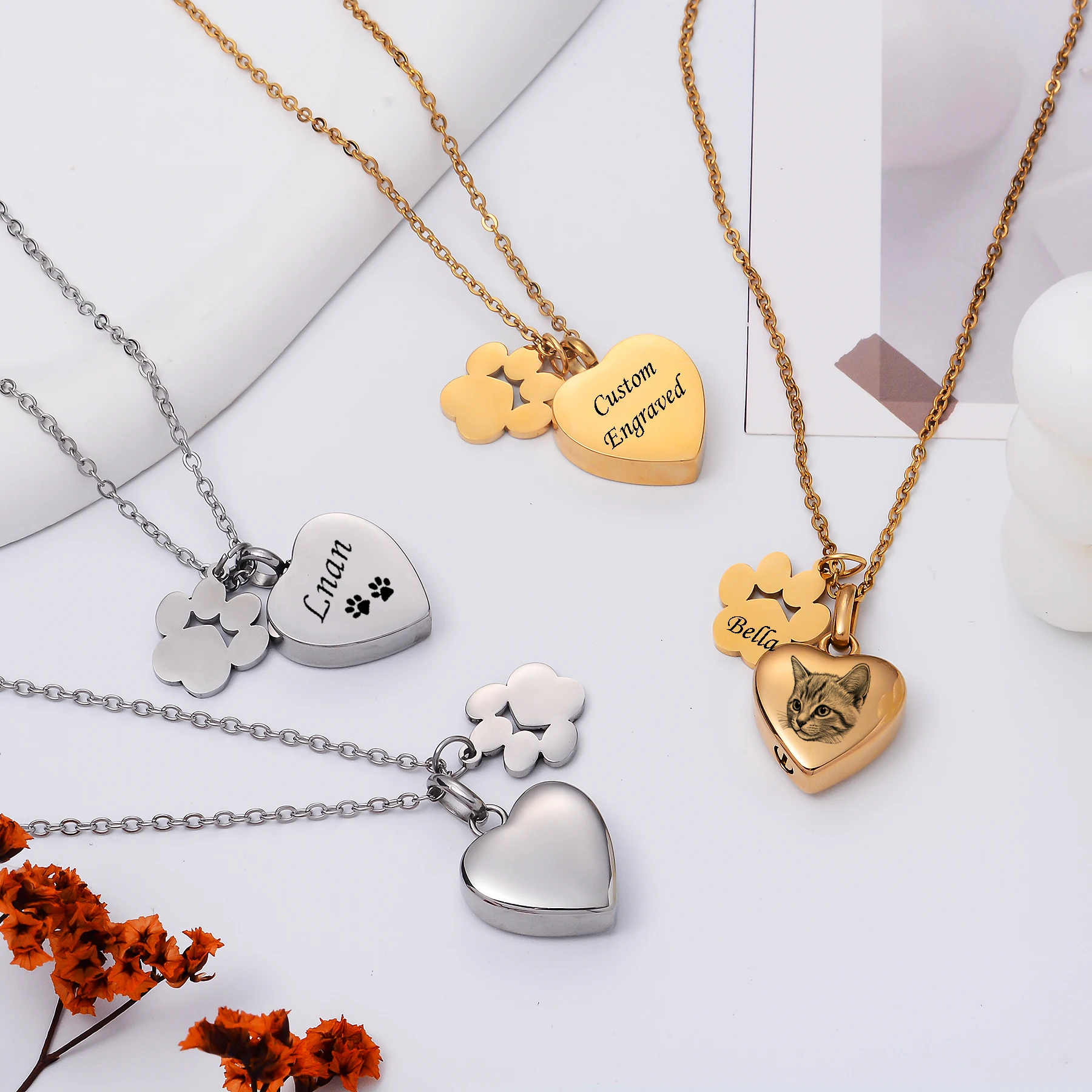 Customized Engraved Stainless Steel Heart Urn Cremation Necklace with Pet Paw Charms Memorial Keepsake Jewelry with Filling Kit