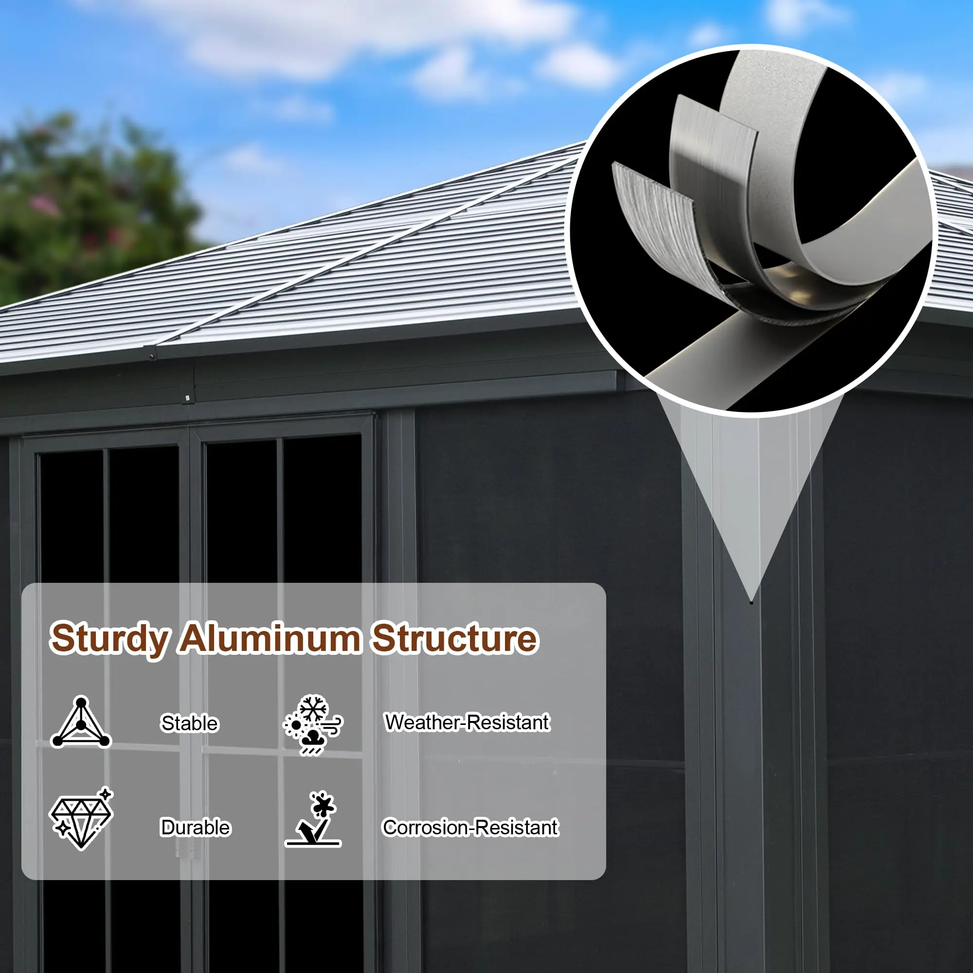 ！@12X14.7FT All-Season Sunroom Solarium Aluminum Screen House Galvanized Steel Roof Dark Canopy Pergola