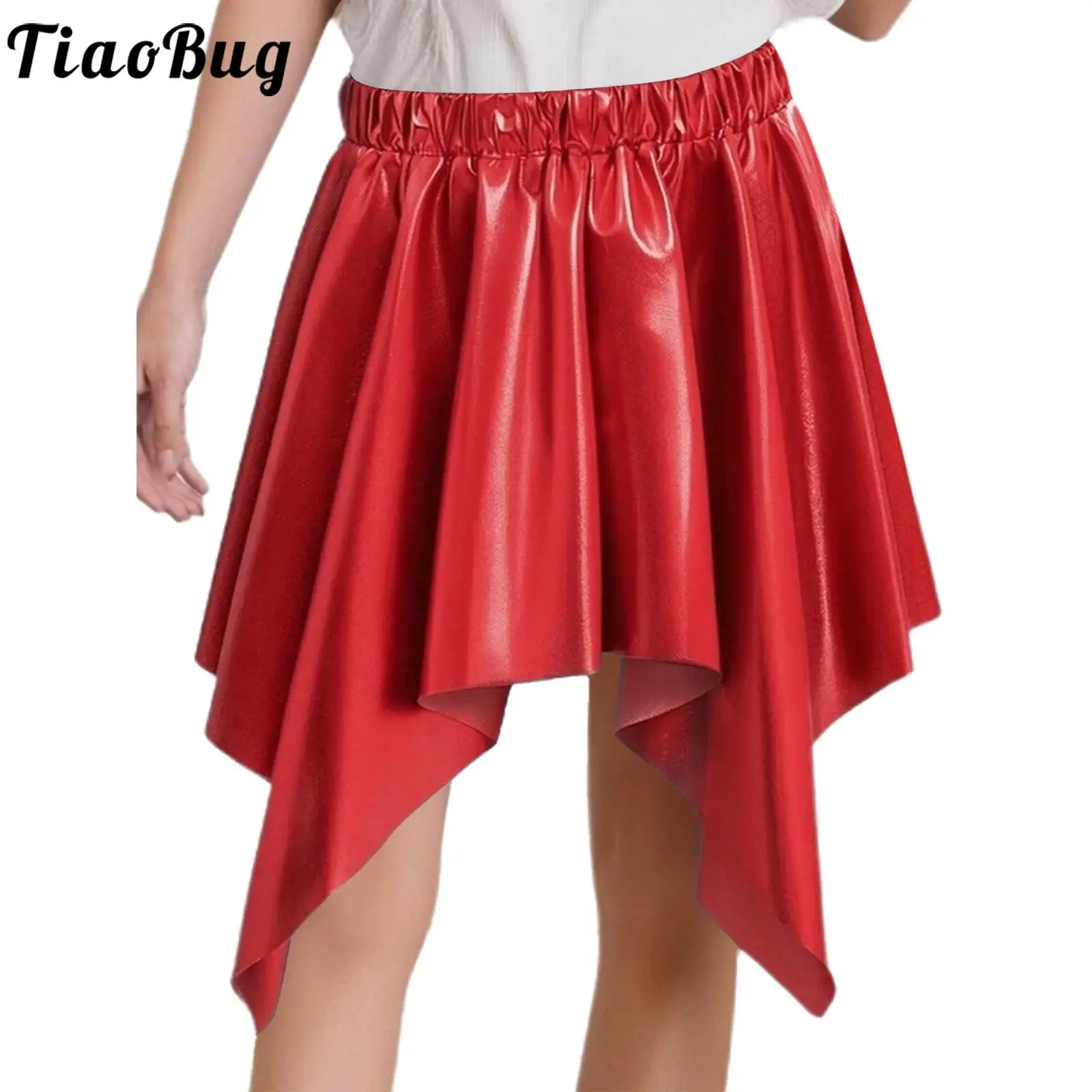 Kids Girls Metallic Shiny Jazz Hip Hop Street Dance Skirt Elastic Waistband Irregular Ruffled Athletic Scooter Skirts Dancewear