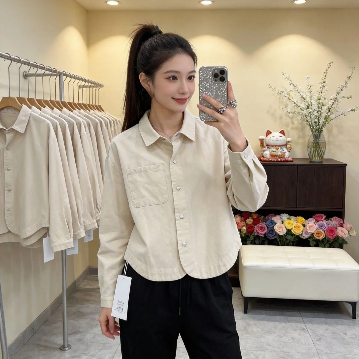 

Elegant Vintage Neck Long Sleeve Shirt Women's Single Button Versatile Spring Autumn New Style Casual Loose Fit Top