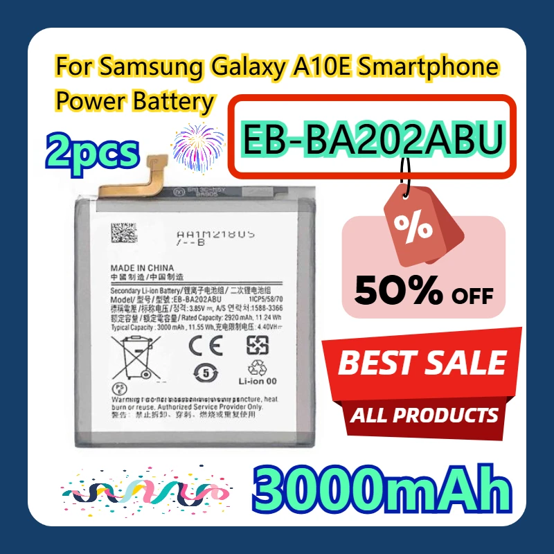

For Samsung Galaxy A10E Smartphone EB BA202ABU 3000mAh Power Battery 2pcs