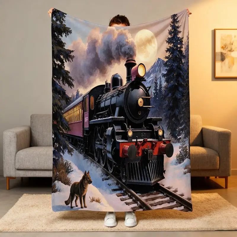 

1pc Vintage Steam Train Fleece Blanket - Black/Red Glowing Headlight, All-Season Cabin Winter Decor
