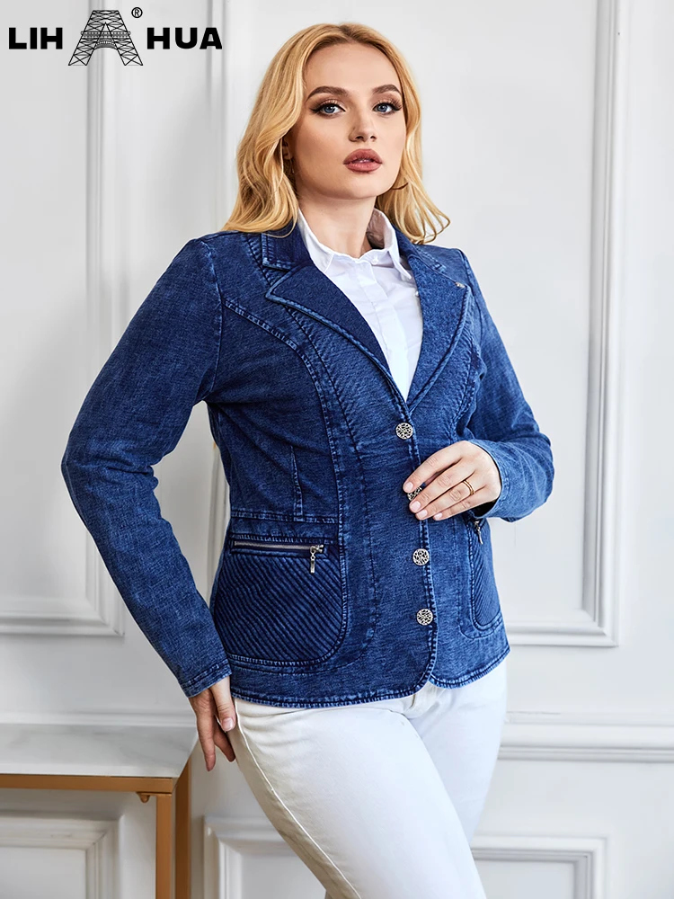 LIH HUA Women's Plus Size Denim Suit Autumn Chic Elegant Suit For Chubby Women Knitted Cotton Suit