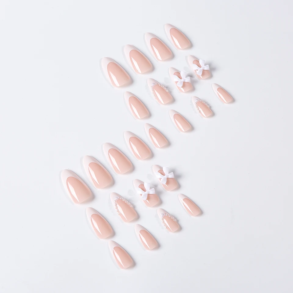 24pcs(+Herramientas) Uñas Press On Nude Rosado con Moño Perla Francesas Almendra Cobertura Completa Año Nuevo 4