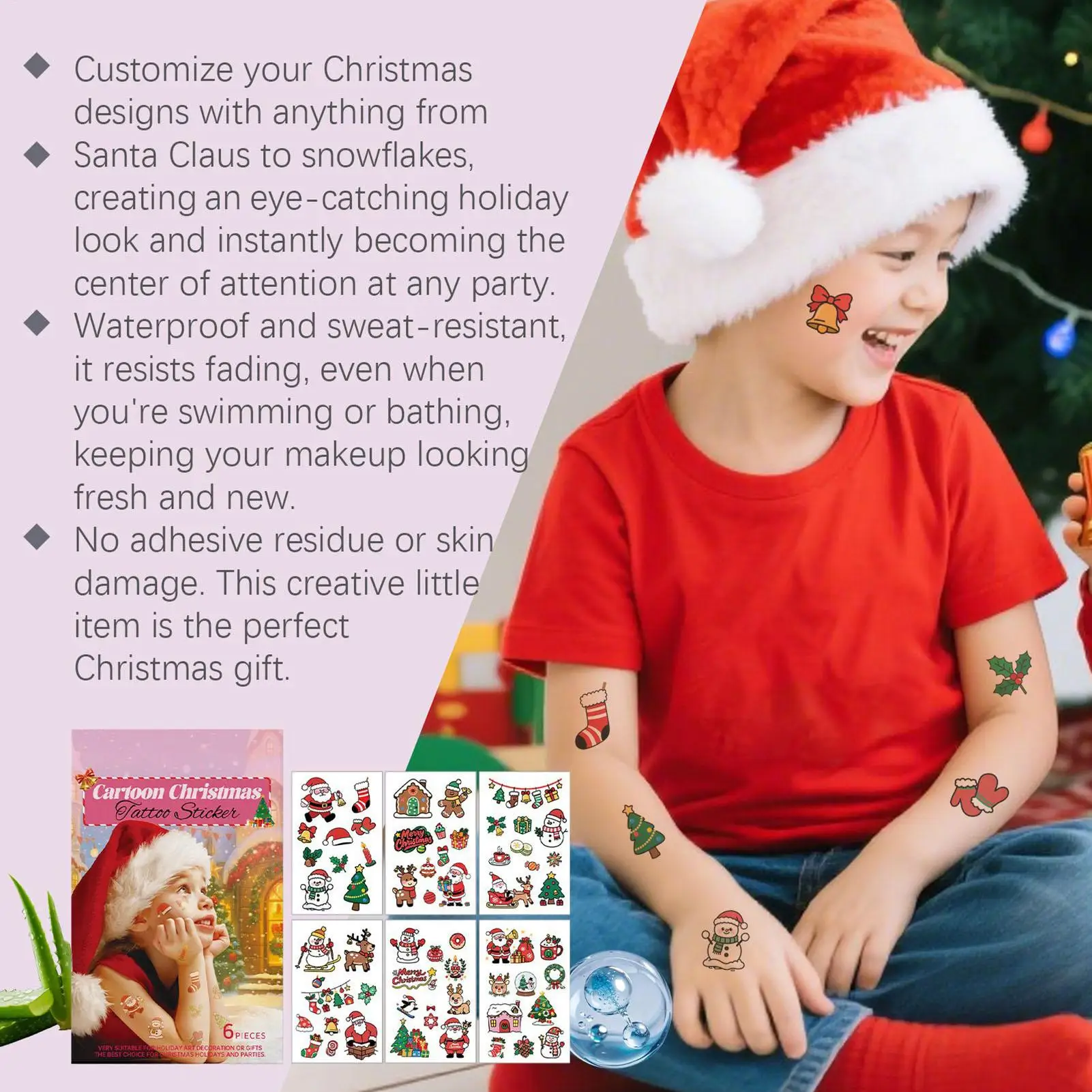 Adesivo temporário de natal para crianças, 6 peças, adesivos de rosto de natal, desenho falso, à prova d'água, arte corporal, santa, rena, floco de neve