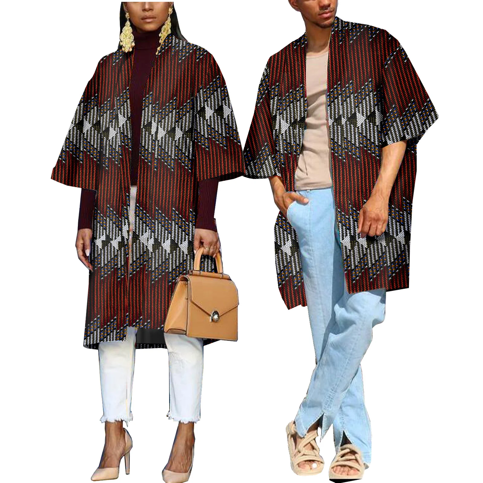 Afrikaanse Paar Outfits Cape Print Open Voorkant Blouse Dashiki Heren En Vrouwen Casual Jas Outwear