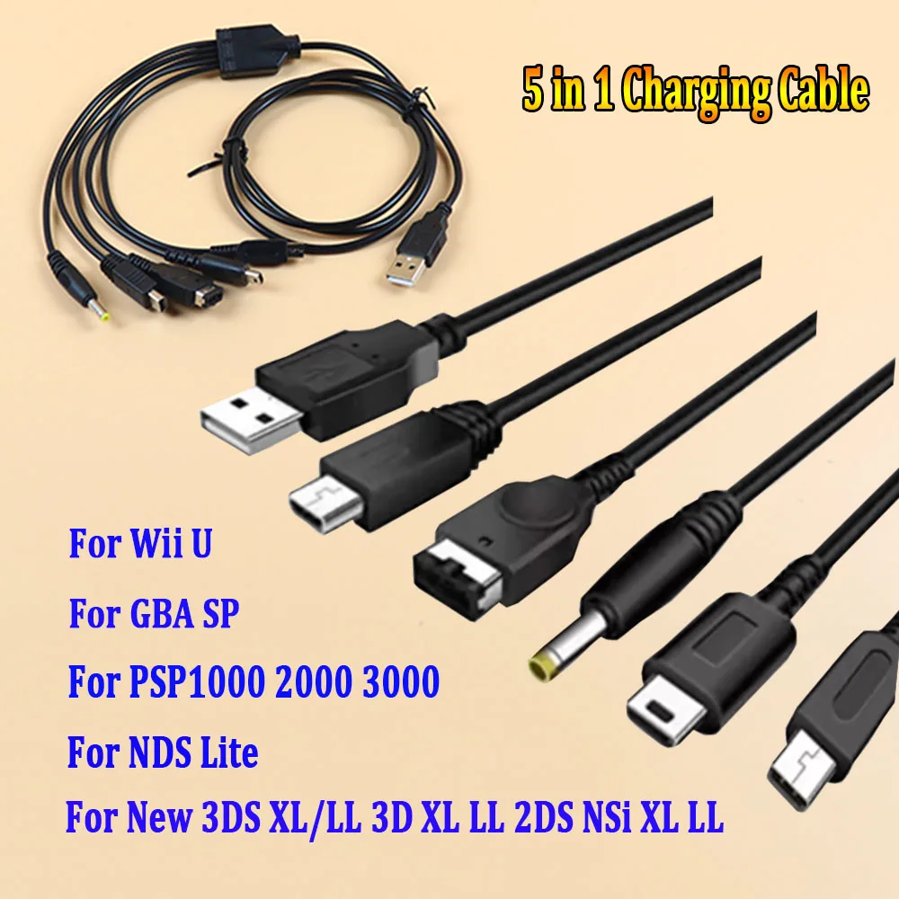 5 in 1 USB Charging Cable For NEW 3DS XL NDS Lite NDSI LL WII U Charger For PSP 1000/ 2000 3000 Gaming Cable GBA