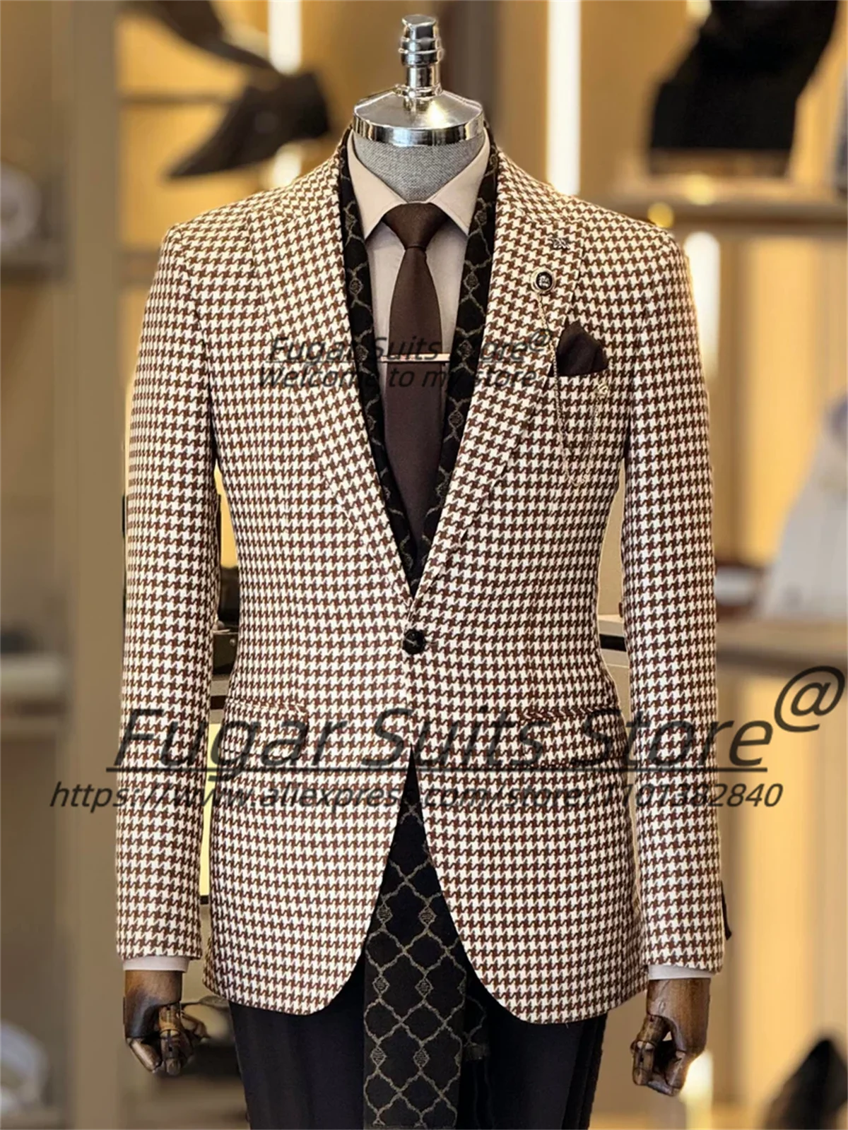 

British style Houndstooth Classic Male Prom Blazers Slim Fit Peak Lapel Groom Wedding Tuxedos 2 Pieces Sets Classic Ropa Hombre