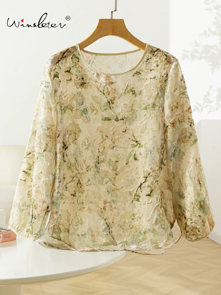 

Winsleter — женская шелковая элегантная бархатная рубашка 62,6%, рукав-фонарик с круглым вырезом и цветочным принтом, шикарная свободная блузка в стиле ретро, осень 2023, T59505CC