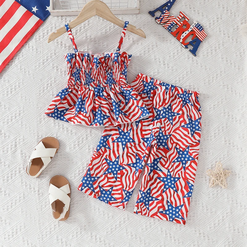 

Baby Girl 4th of July Outfit Bell Bottoms Ruffle Hem Tank Top Sleeveless Crop Top Wide Leg Pants Summer Clothes