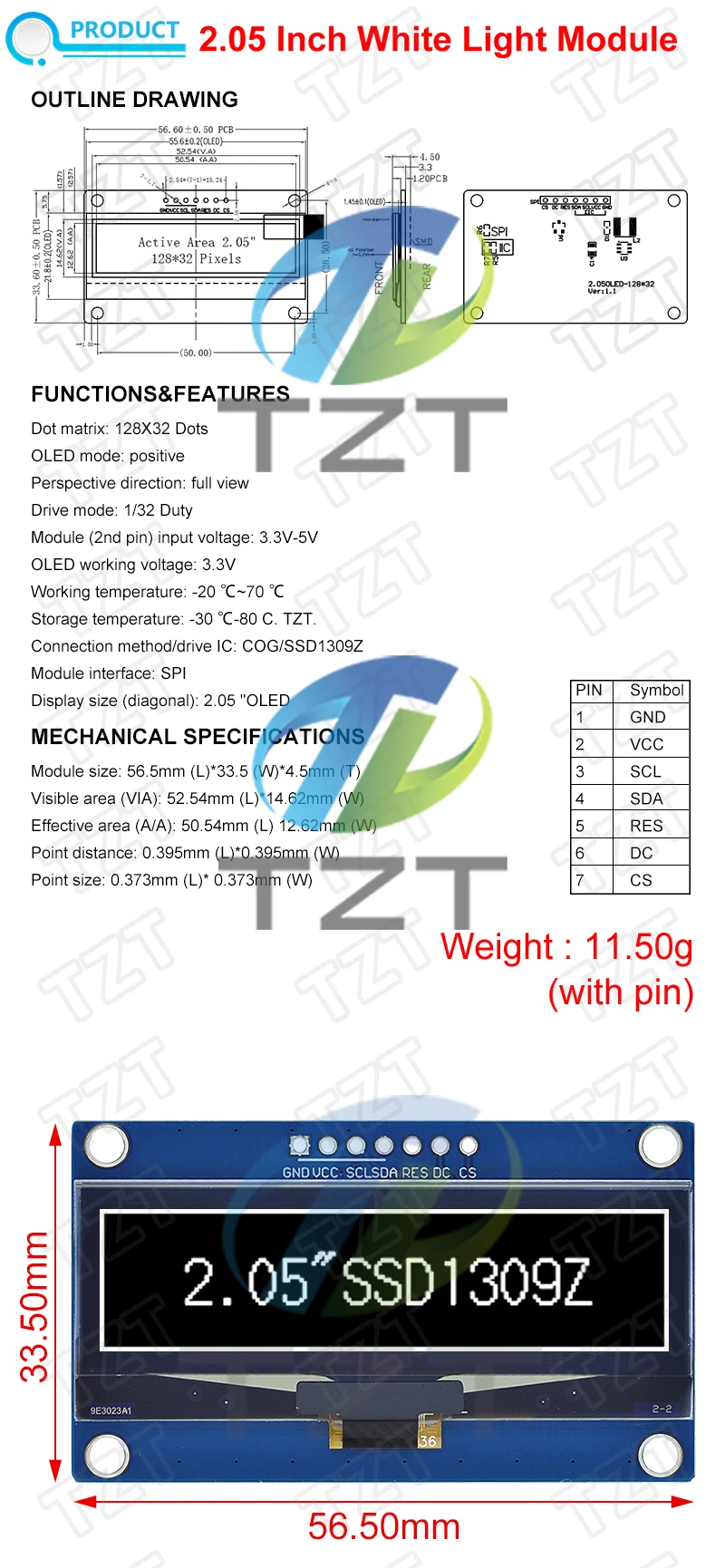 2,05 Zoll OLED-Display TZT 128*32 LCD-Modul in Weiß, SSD1309-Controller, unterstützt SPI-Schnittstelle für Arduino – Detail 1