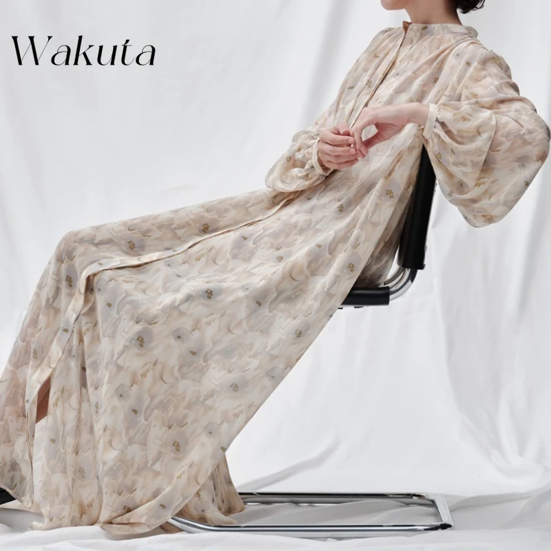 

WAKUTA Japanese Retro Romantic O Neck Long Sleeved Printed Dresses Sweet Summer Temperament Slimming Loose Vestidos for Women