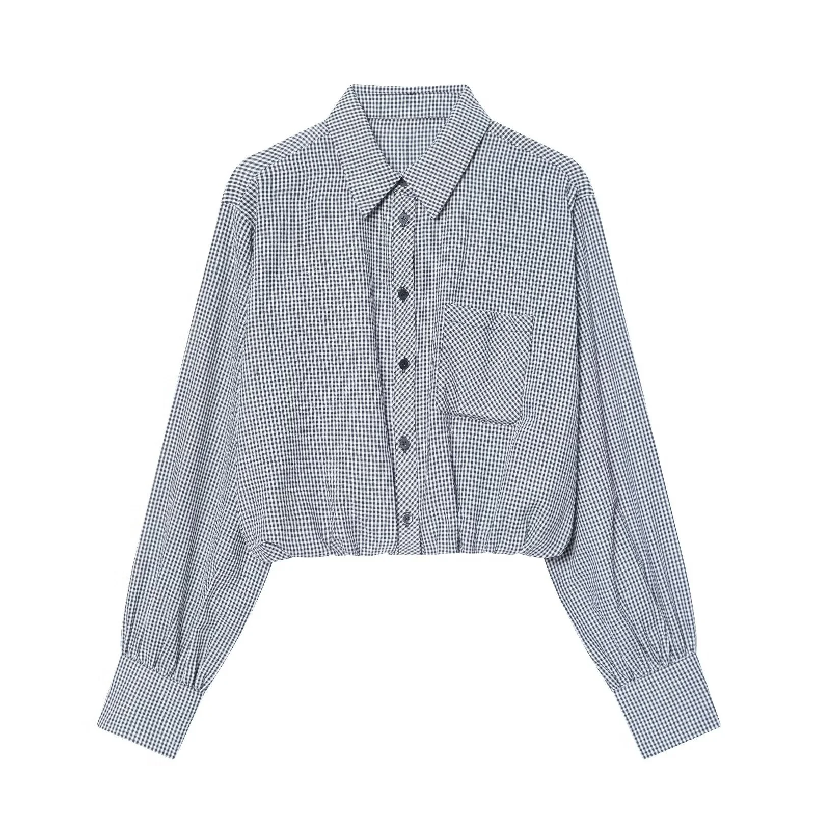 

2025 зимняя новая женская повседневная модная простая рубашка с лацканами на пуговицах и длинными рукавами, короткая клетчатая рубашка с воздушным шаром, топ