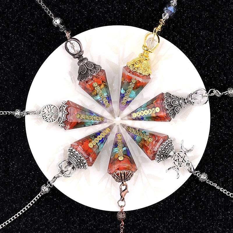 Péndulo de espíritu de siete Chakras de piedra arcoíris, colgante de árbol de la vida de resina de piedra Natural para fabricación de joyas, accesorios, collares