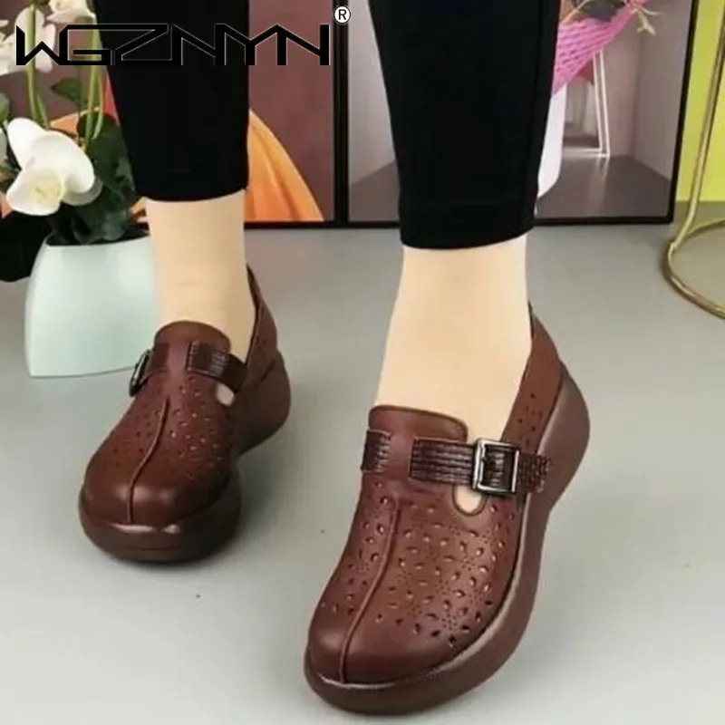 2022 NEW Spring Summer Shoes Hollow Genuine PU Leather Shoes Platform Sandals Increase Shoes Wedges High Heels Retro Women Shoes