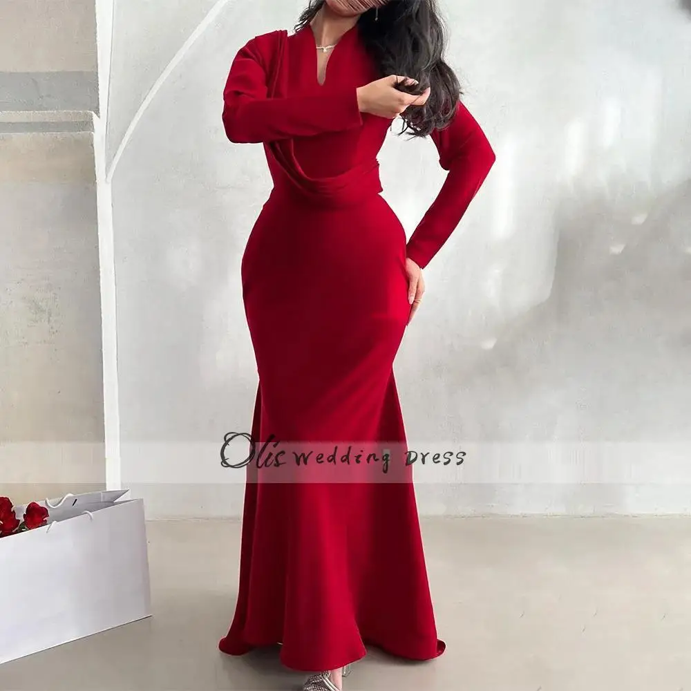 Personalizado vermelho vestidos de festa à noite 2024 mangas compridas com decote em v sereia vestidos de noite para mulheres trompete elegante casamento convidado dre