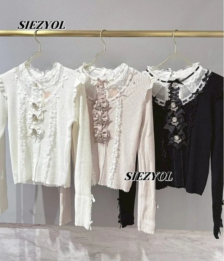 Liz Japanischer Stil Neuerscheinung Süßer Niedlicher Lolita-Spitzen-Patchwork-Pullover Einfach zu Kombinieren mit Strickpullover