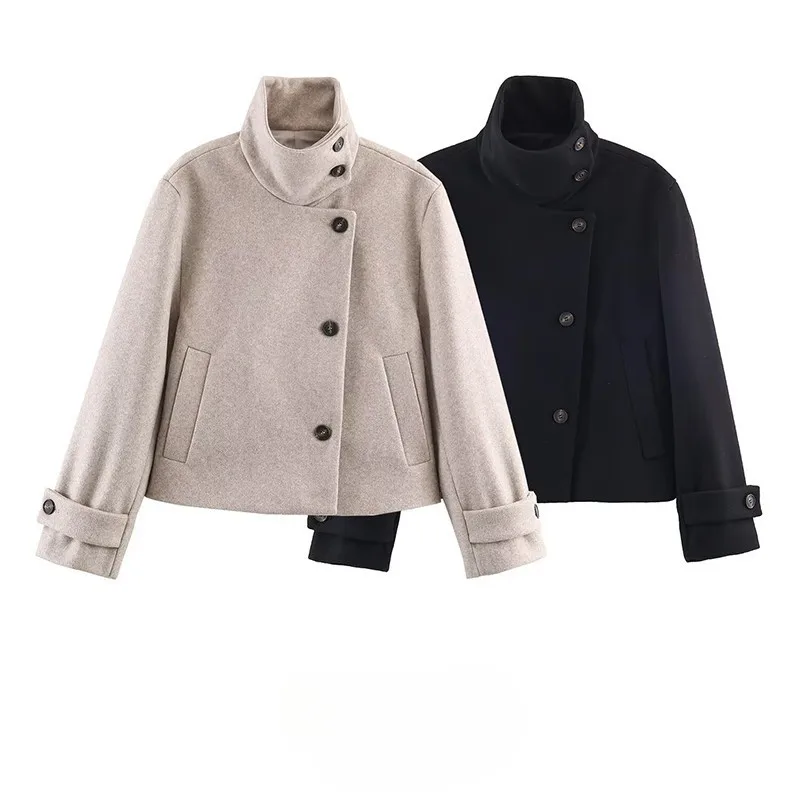 Stand Collar Short Woolen Jacket Single Breasted Multi-Button Solid Color Commuter Style Elegant Outerwear Autumn Winter