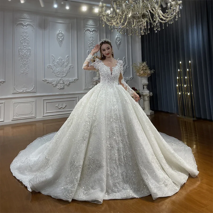 

Customized Gorgeous Long Sleeves Wedding Dress For Women Sequins Appliques Bridal Gown high-Neck Bridal dress Vestido De Novia