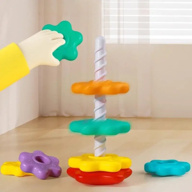 Montessori Rotating Rainbow Tower Baby stacking Puzzle Toys Develop Educational Game Fine Motor Skills Interactive Toys for Kids