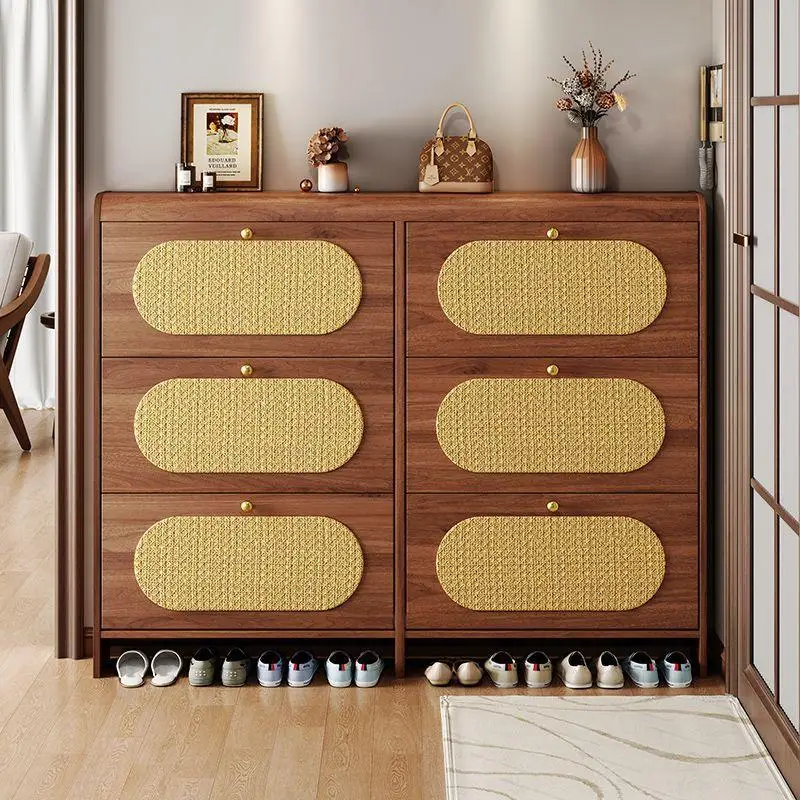 Retro rattan ultra-thin tipping bucket shoe cabinet, large-capacity storage locker at the entrance of the household door against